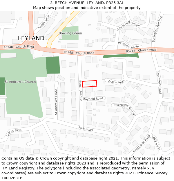 3, BEECH AVENUE, LEYLAND, PR25 3AL: Location map and indicative extent of plot