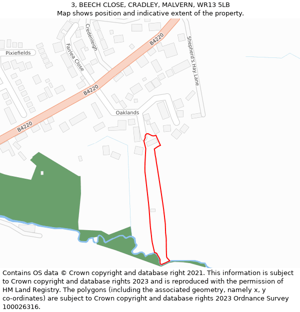 3, BEECH CLOSE, CRADLEY, MALVERN, WR13 5LB: Location map and indicative extent of plot