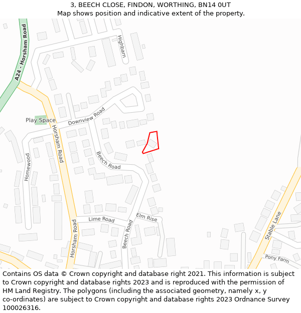 3, BEECH CLOSE, FINDON, WORTHING, BN14 0UT: Location map and indicative extent of plot