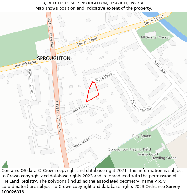 3, BEECH CLOSE, SPROUGHTON, IPSWICH, IP8 3BL: Location map and indicative extent of plot