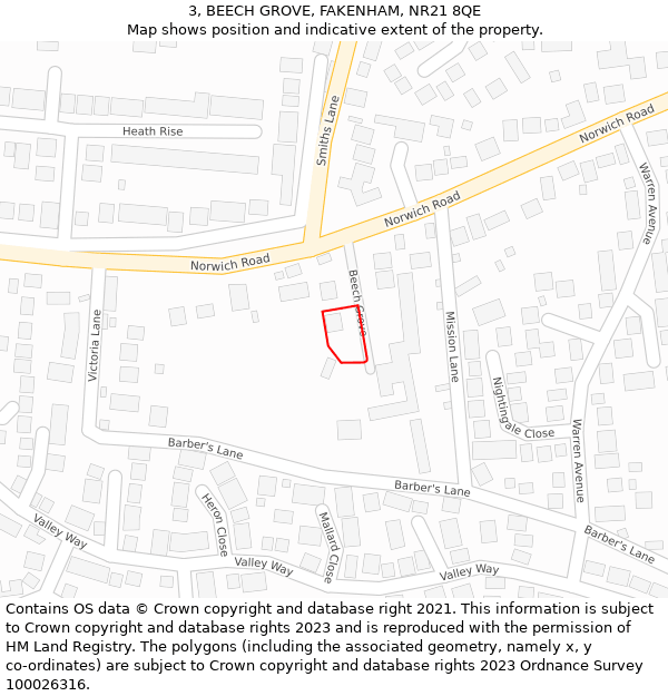 3, BEECH GROVE, FAKENHAM, NR21 8QE: Location map and indicative extent of plot