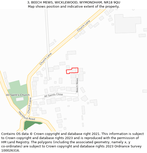 3, BEECH MEWS, WICKLEWOOD, WYMONDHAM, NR18 9QU: Location map and indicative extent of plot