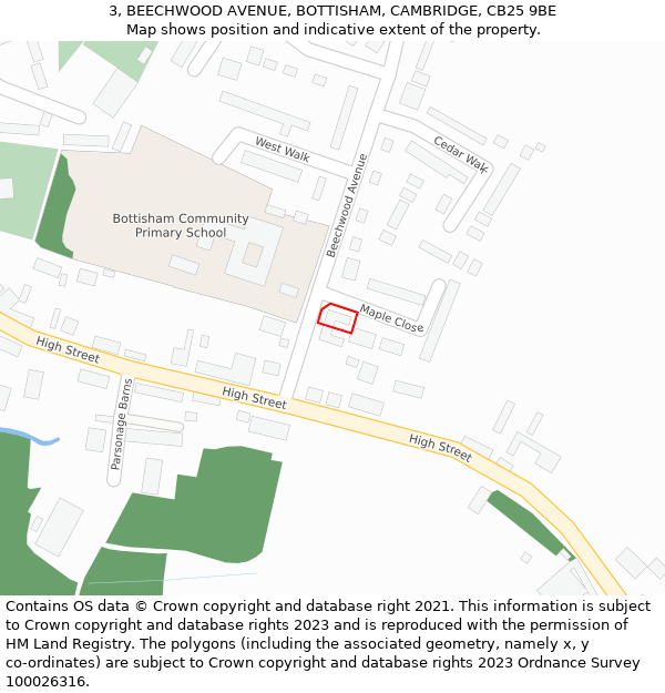3, BEECHWOOD AVENUE, BOTTISHAM, CAMBRIDGE, CB25 9BE: Location map and indicative extent of plot