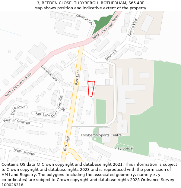 3, BEEDEN CLOSE, THRYBERGH, ROTHERHAM, S65 4BF: Location map and indicative extent of plot