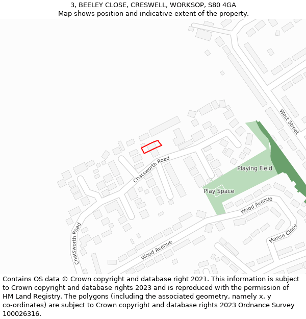 3, BEELEY CLOSE, CRESWELL, WORKSOP, S80 4GA: Location map and indicative extent of plot