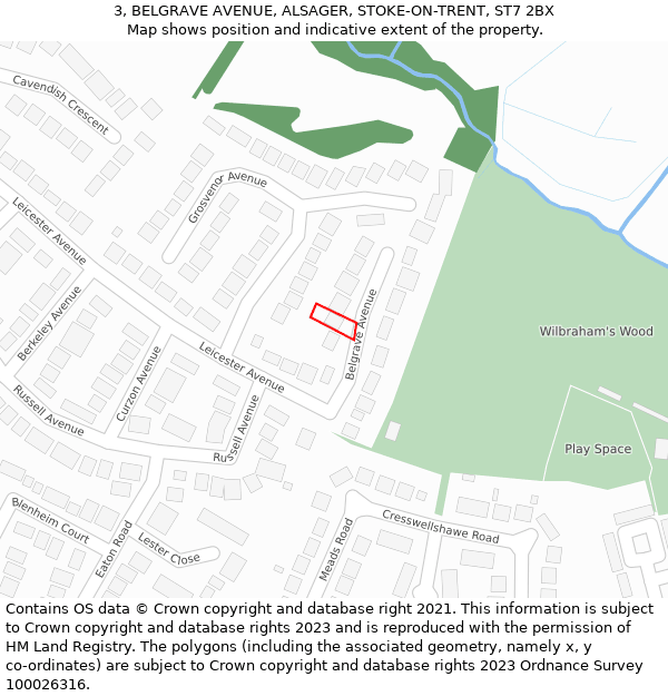 3, BELGRAVE AVENUE, ALSAGER, STOKE-ON-TRENT, ST7 2BX: Location map and indicative extent of plot