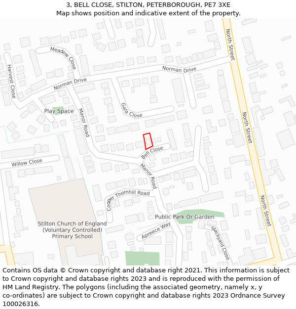 3, BELL CLOSE, STILTON, PETERBOROUGH, PE7 3XE: Location map and indicative extent of plot