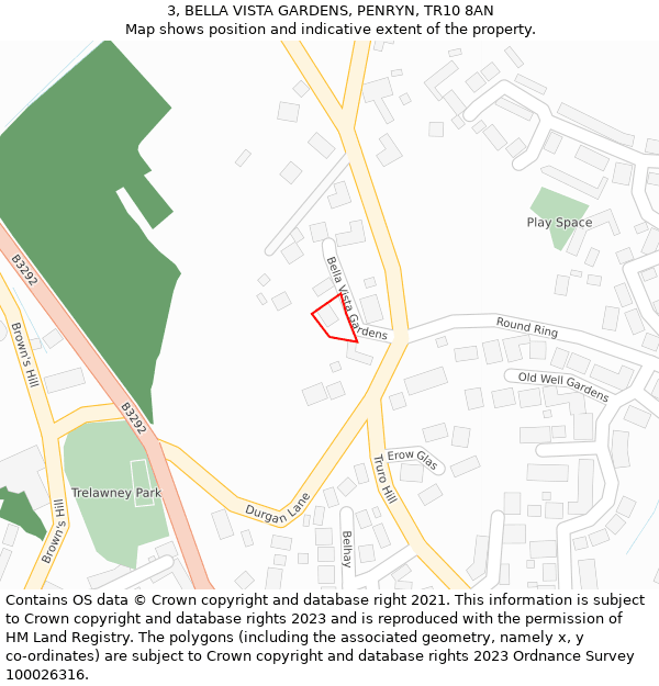 3, BELLA VISTA GARDENS, PENRYN, TR10 8AN: Location map and indicative extent of plot