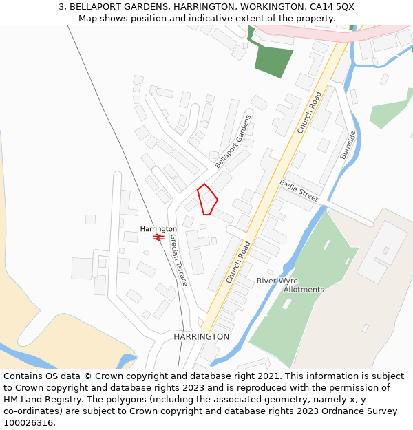 3, BELLAPORT GARDENS, HARRINGTON, WORKINGTON, CA14 5QX: Location map and indicative extent of plot