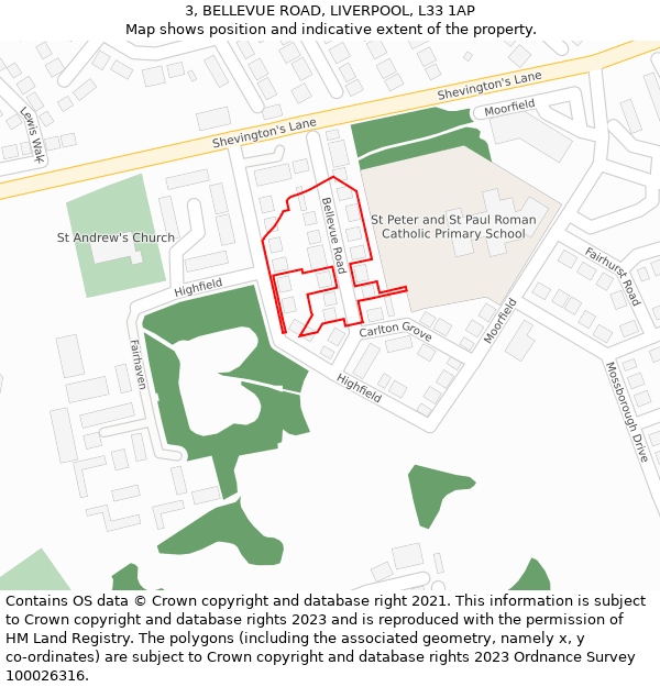 3, BELLEVUE ROAD, LIVERPOOL, L33 1AP: Location map and indicative extent of plot