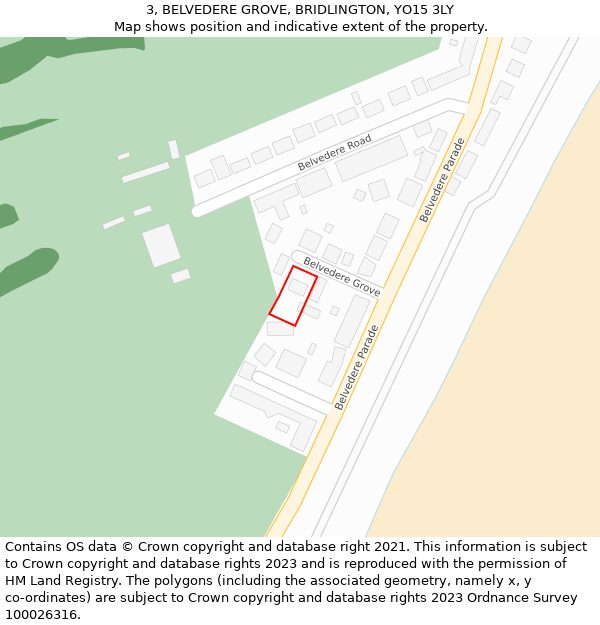 3, BELVEDERE GROVE, BRIDLINGTON, YO15 3LY: Location map and indicative extent of plot