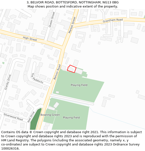 3, BELVOIR ROAD, BOTTESFORD, NOTTINGHAM, NG13 0BG: Location map and indicative extent of plot