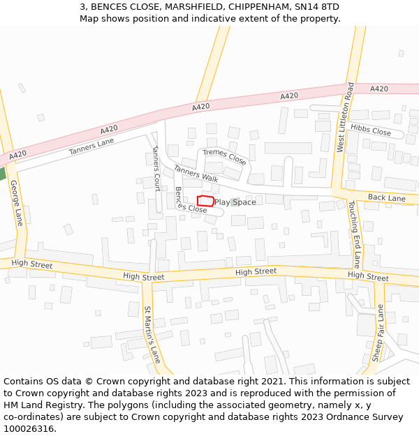 3, BENCES CLOSE, MARSHFIELD, CHIPPENHAM, SN14 8TD: Location map and indicative extent of plot