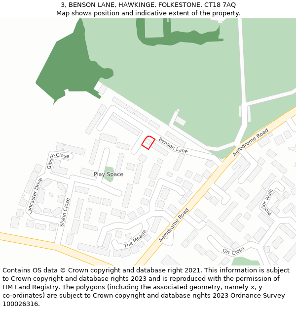 3, BENSON LANE, HAWKINGE, FOLKESTONE, CT18 7AQ: Location map and indicative extent of plot