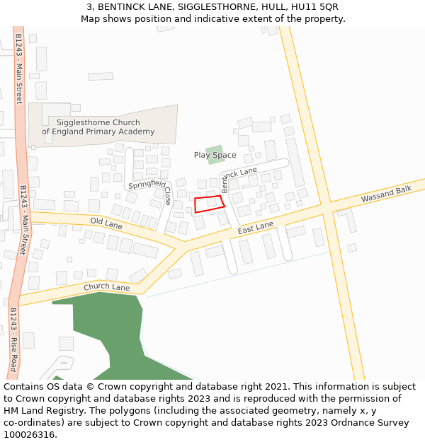 3, BENTINCK LANE, SIGGLESTHORNE, HULL, HU11 5QR: Location map and indicative extent of plot