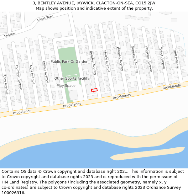 3, BENTLEY AVENUE, JAYWICK, CLACTON-ON-SEA, CO15 2JW: Location map and indicative extent of plot