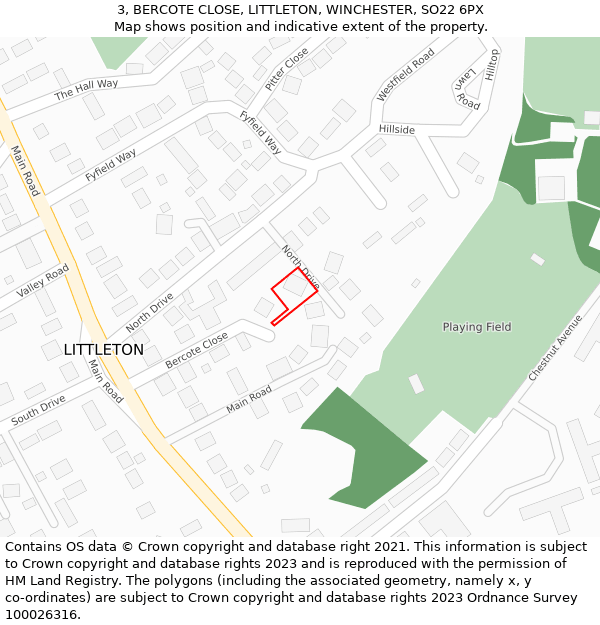 3, BERCOTE CLOSE, LITTLETON, WINCHESTER, SO22 6PX: Location map and indicative extent of plot