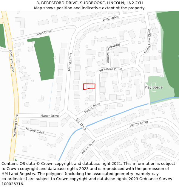 3, BERESFORD DRIVE, SUDBROOKE, LINCOLN, LN2 2YH: Location map and indicative extent of plot