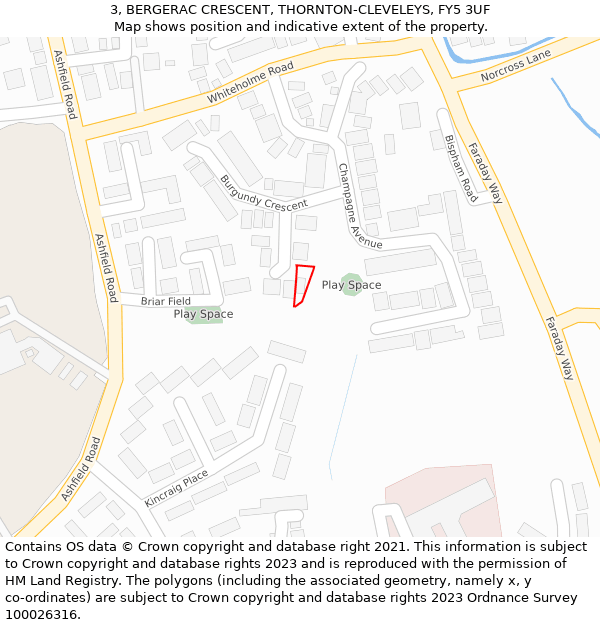 3, BERGERAC CRESCENT, THORNTON-CLEVELEYS, FY5 3UF: Location map and indicative extent of plot