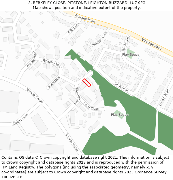 3, BERKELEY CLOSE, PITSTONE, LEIGHTON BUZZARD, LU7 9FG: Location map and indicative extent of plot