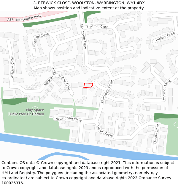 3, BERWICK CLOSE, WOOLSTON, WARRINGTON, WA1 4DX: Location map and indicative extent of plot