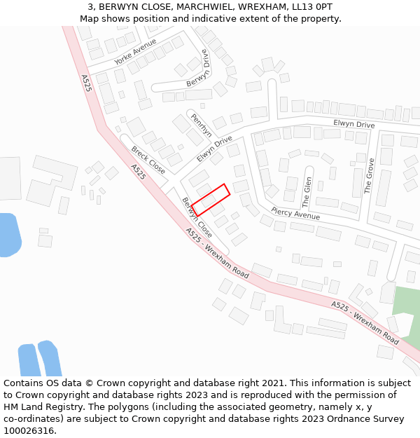 3, BERWYN CLOSE, MARCHWIEL, WREXHAM, LL13 0PT: Location map and indicative extent of plot