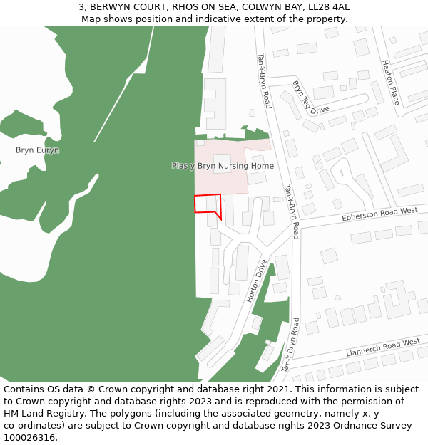 3, BERWYN COURT, RHOS ON SEA, COLWYN BAY, LL28 4AL: Location map and indicative extent of plot