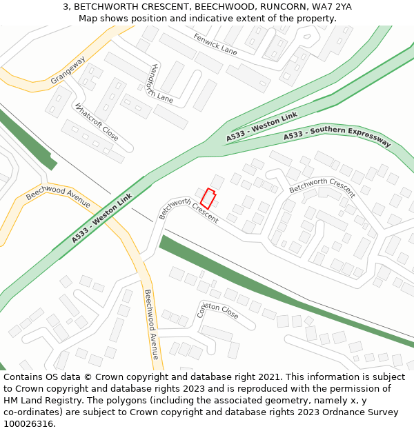 3, BETCHWORTH CRESCENT, BEECHWOOD, RUNCORN, WA7 2YA: Location map and indicative extent of plot