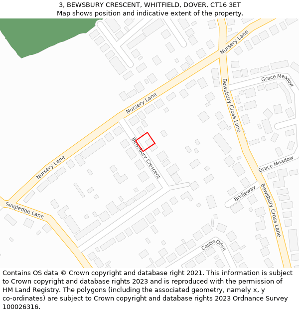 3, BEWSBURY CRESCENT, WHITFIELD, DOVER, CT16 3ET: Location map and indicative extent of plot