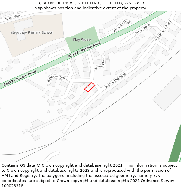 3, BEXMORE DRIVE, STREETHAY, LICHFIELD, WS13 8LB: Location map and indicative extent of plot