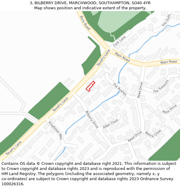 3, BILBERRY DRIVE, MARCHWOOD, SOUTHAMPTON, SO40 4YR: Location map and indicative extent of plot