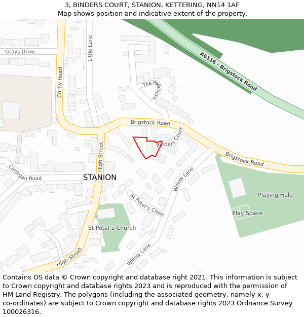 3, BINDERS COURT, STANION, KETTERING, NN14 1AF: Location map and indicative extent of plot