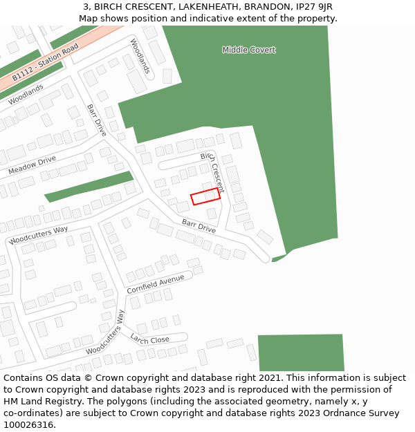 3, BIRCH CRESCENT, LAKENHEATH, BRANDON, IP27 9JR: Location map and indicative extent of plot