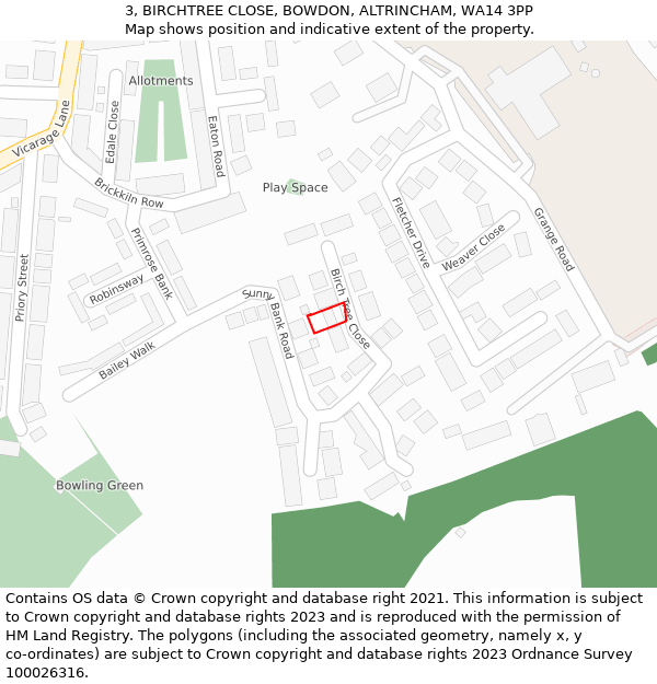 3, BIRCHTREE CLOSE, BOWDON, ALTRINCHAM, WA14 3PP: Location map and indicative extent of plot