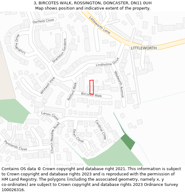 3, BIRCOTES WALK, ROSSINGTON, DONCASTER, DN11 0UH: Location map and indicative extent of plot