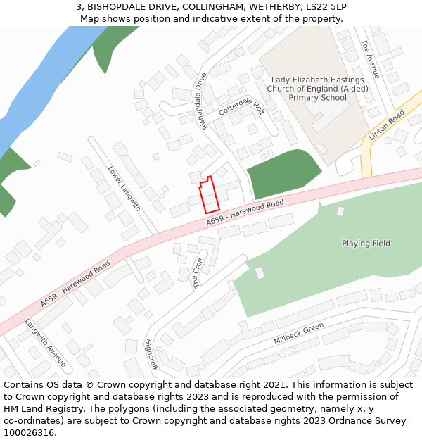 3, BISHOPDALE DRIVE, COLLINGHAM, WETHERBY, LS22 5LP: Location map and indicative extent of plot