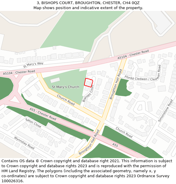 3, BISHOPS COURT, BROUGHTON, CHESTER, CH4 0QZ: Location map and indicative extent of plot