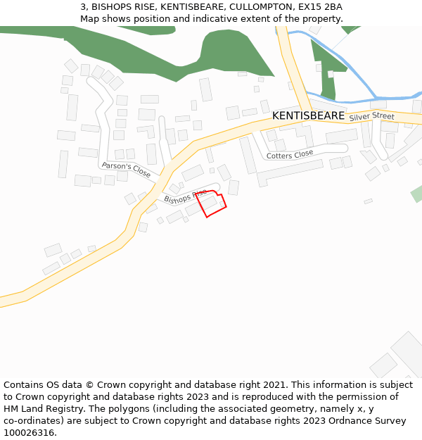 3, BISHOPS RISE, KENTISBEARE, CULLOMPTON, EX15 2BA: Location map and indicative extent of plot