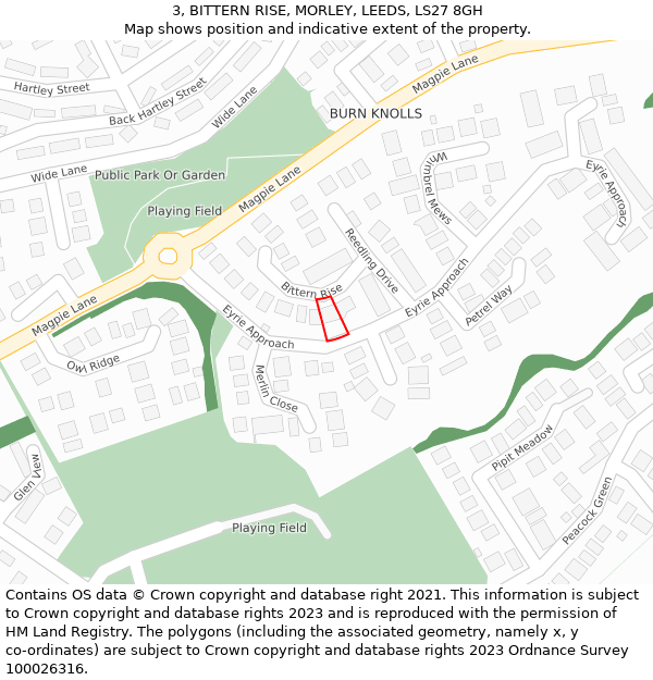 3, BITTERN RISE, MORLEY, LEEDS, LS27 8GH: Location map and indicative extent of plot