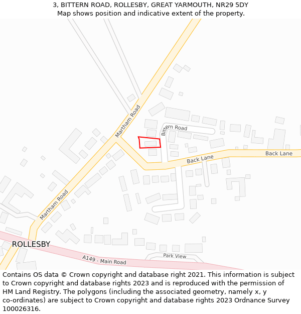 3, BITTERN ROAD, ROLLESBY, GREAT YARMOUTH, NR29 5DY: Location map and indicative extent of plot