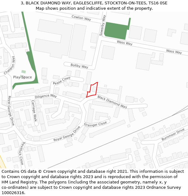 3, BLACK DIAMOND WAY, EAGLESCLIFFE, STOCKTON-ON-TEES, TS16 0SE: Location map and indicative extent of plot