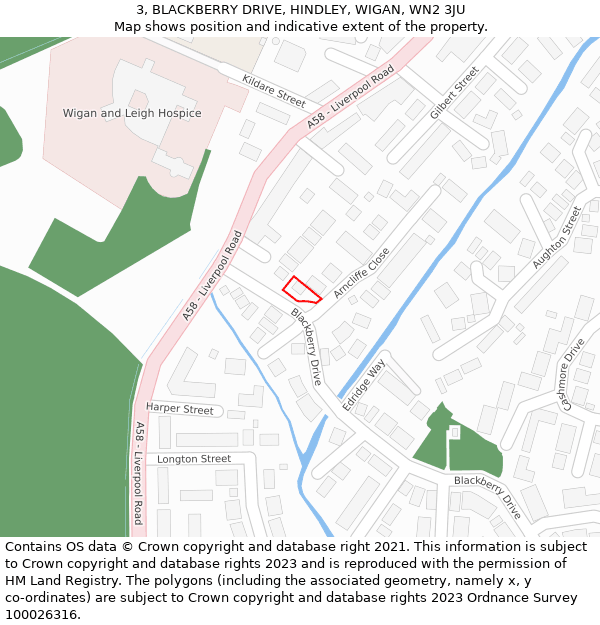 3, BLACKBERRY DRIVE, HINDLEY, WIGAN, WN2 3JU: Location map and indicative extent of plot