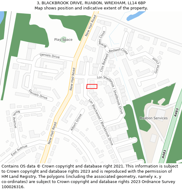 3, BLACKBROOK DRIVE, RUABON, WREXHAM, LL14 6BP: Location map and indicative extent of plot