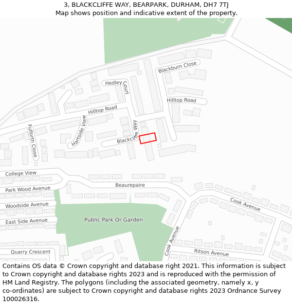 3, BLACKCLIFFE WAY, BEARPARK, DURHAM, DH7 7TJ: Location map and indicative extent of plot
