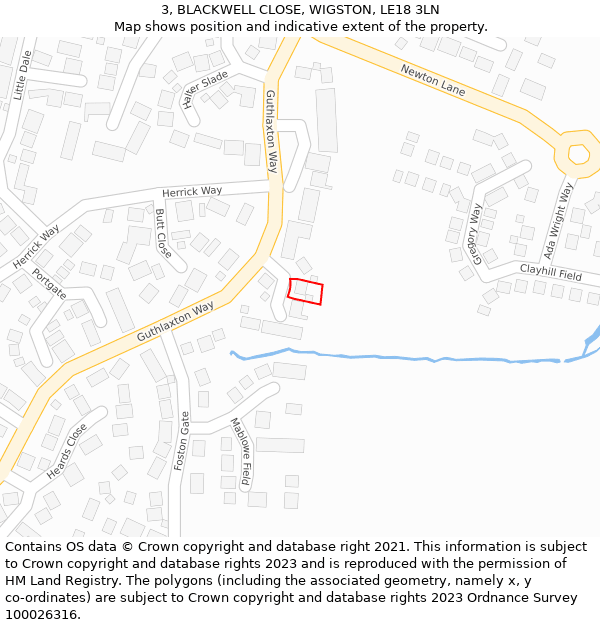 3, BLACKWELL CLOSE, WIGSTON, LE18 3LN: Location map and indicative extent of plot