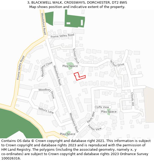 3, BLACKWELL WALK, CROSSWAYS, DORCHESTER, DT2 8WS: Location map and indicative extent of plot