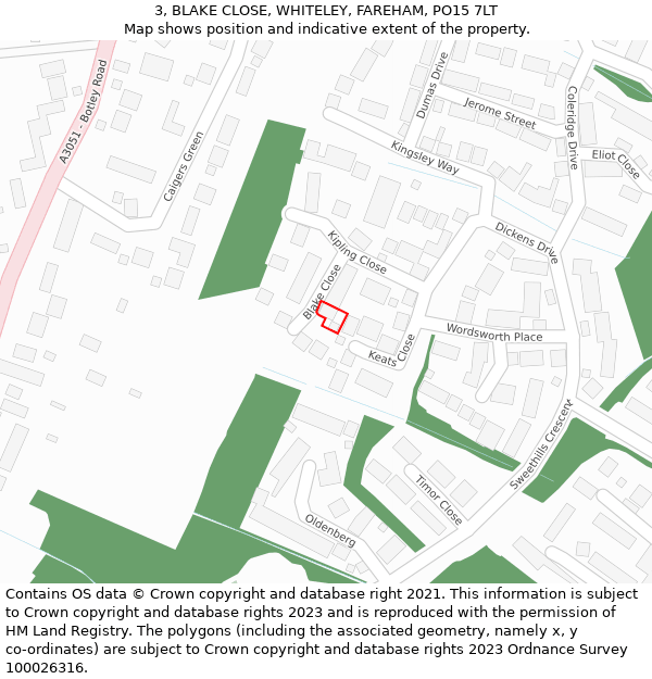 3, BLAKE CLOSE, WHITELEY, FAREHAM, PO15 7LT: Location map and indicative extent of plot