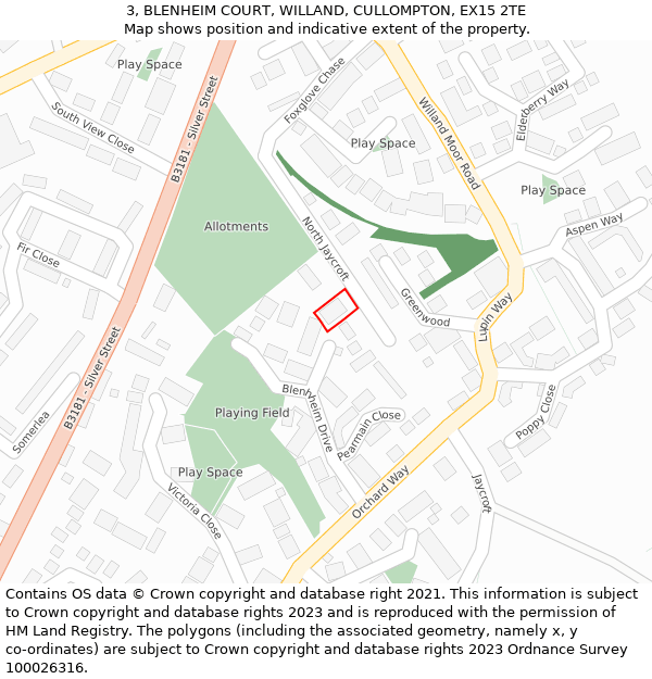 3, BLENHEIM COURT, WILLAND, CULLOMPTON, EX15 2TE: Location map and indicative extent of plot