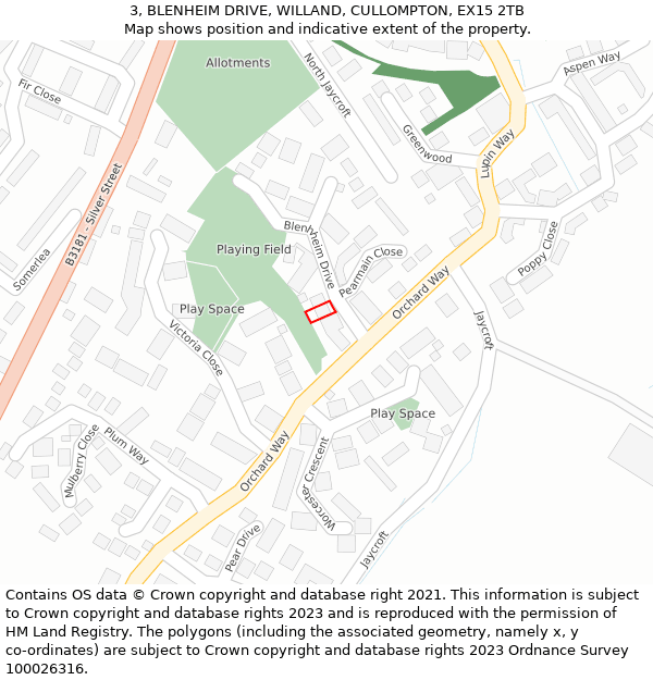 3, BLENHEIM DRIVE, WILLAND, CULLOMPTON, EX15 2TB: Location map and indicative extent of plot