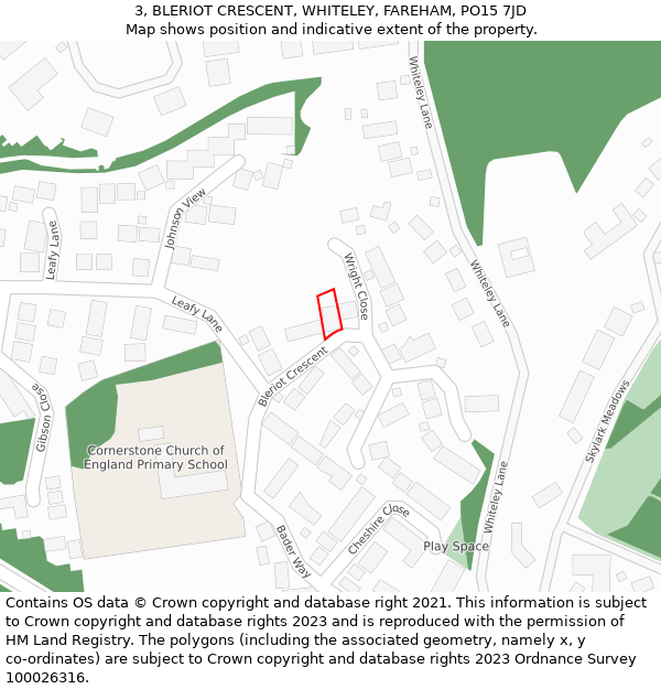 3, BLERIOT CRESCENT, WHITELEY, FAREHAM, PO15 7JD: Location map and indicative extent of plot